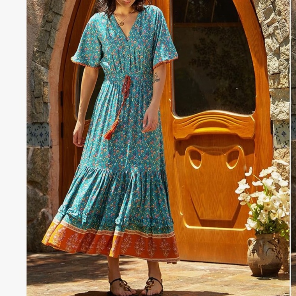 Cotton Boho Floral Maxi Dress | Tassel Tie Waist | Size Medium - Picture 10 of 12